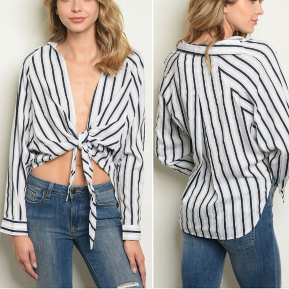 Trend Setter Diva Boutique Tops - TIE FRONT HIGH LOW NAVY & WHITE STRIPED TOP
